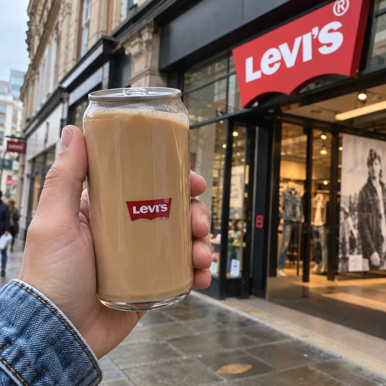 Levi’s branded latte can mockups displayed beside folded jeans in a denim store