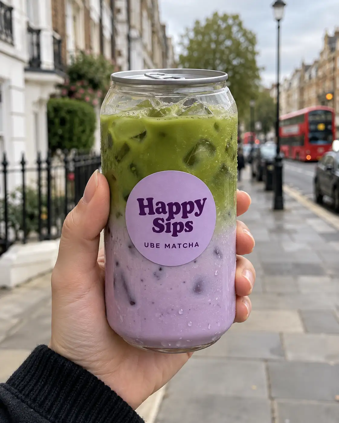 Personalised matcha cans arranged for a London retail brand activation