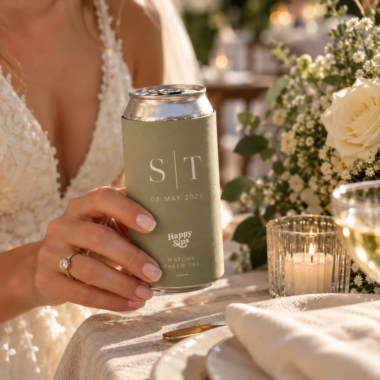 Wedding bride holding our branded can - Happy Sips