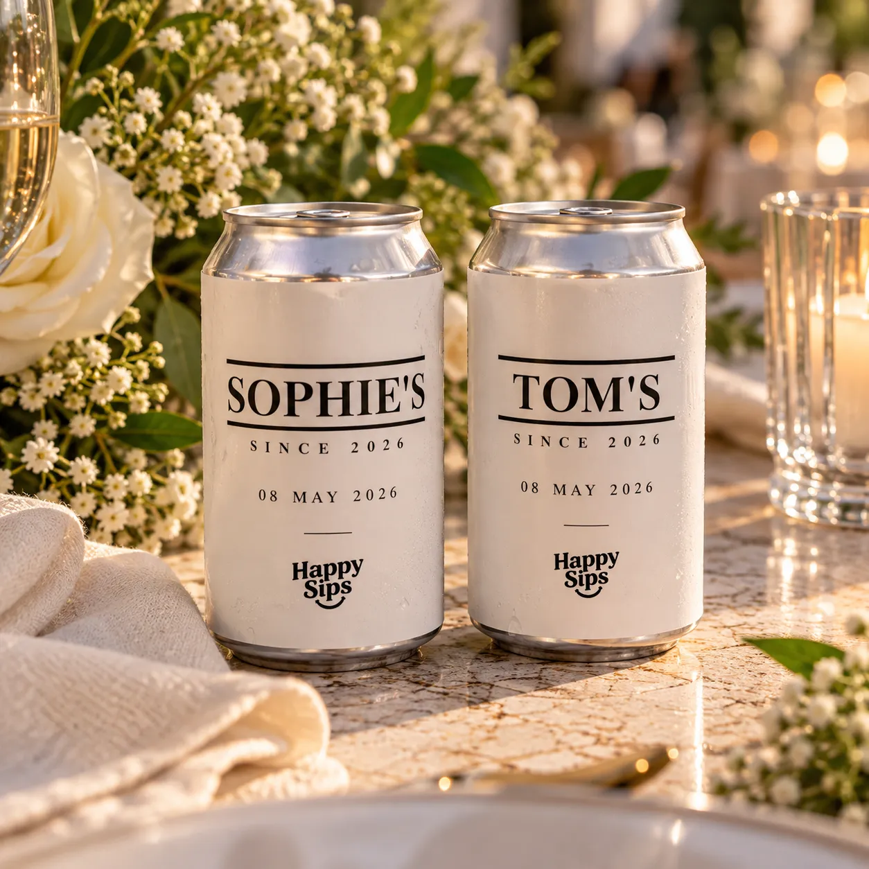 Wedding canned drink label with the couple’s names and wedding date.